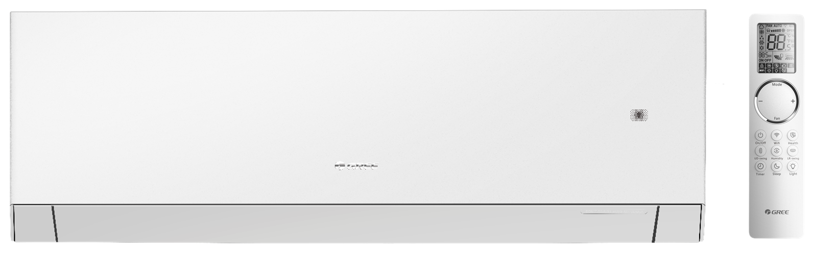 Composition du pack avec une unité intérieure Etherea en couleur blanc mat et sa télécommande infrarouge